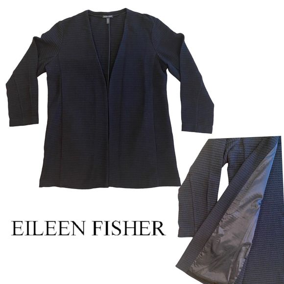 Eileen Fisher Classic Black Geometric Stretch Textured Open Front Jacket Large - Picture 9 of 9